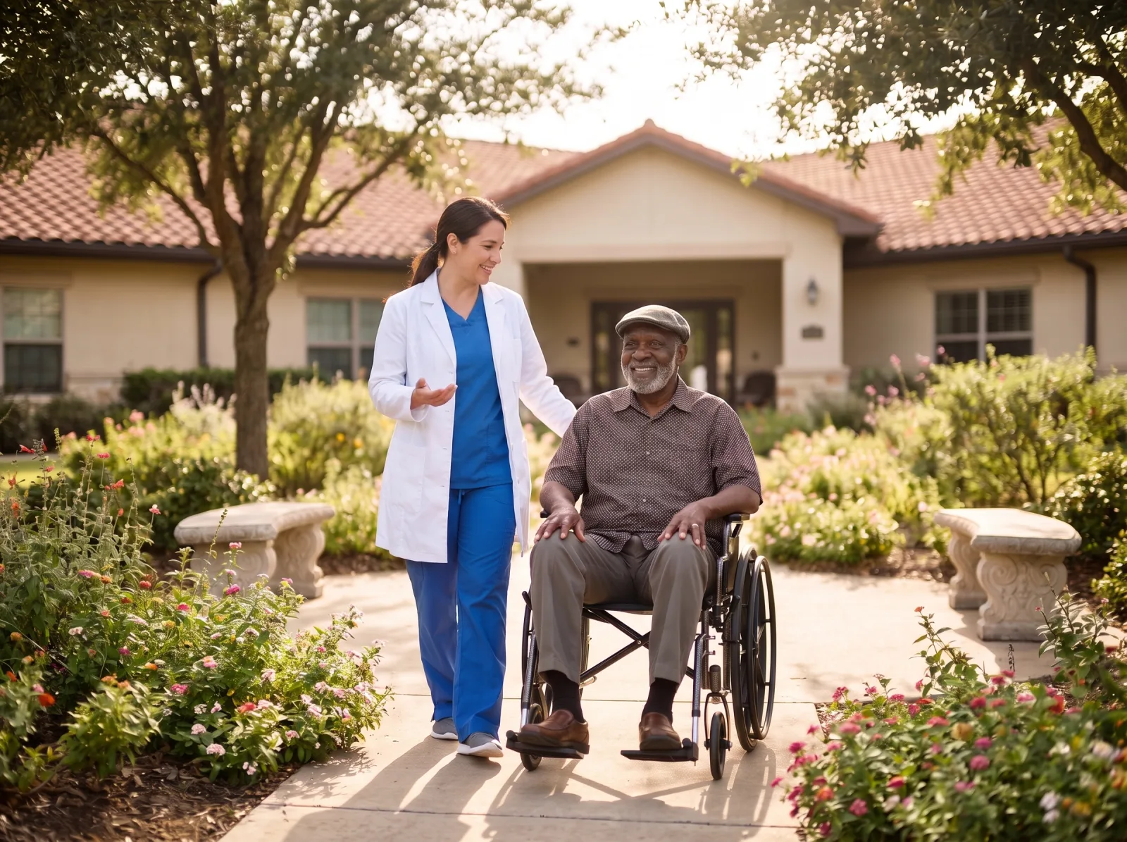 Journey Medical Group nurse walking with a smiling elderly resident in a wheelchair outside a Texas care community