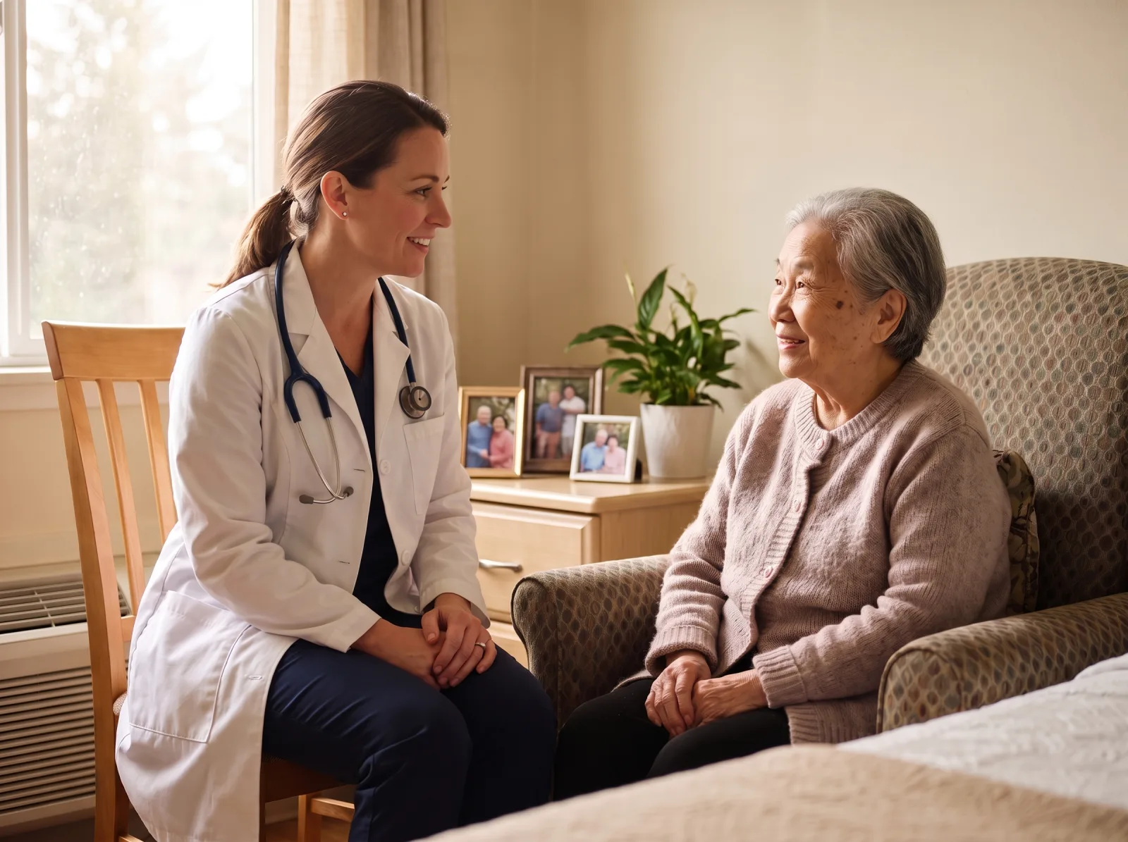 Nurse practitioner visiting an elderly resident in her long-term care room